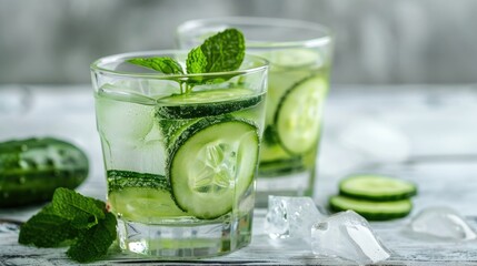 Wall Mural - Refreshing summer detox drink with cucumber mint and ice in glass on white wooden backdrop Rustic look