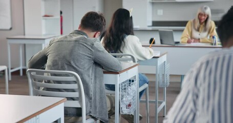 Poster - Bully, education and paper ball with students in classroom of school for learning or study from back. Angry, annoyed or upset with teen boy in class assessment, exam and test in college or university