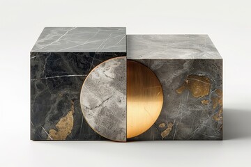 Wall Mural - Minimalist composition of geometric shapes in marble and gold leaf, exuding elegance.