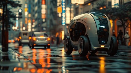 Wall Mural - Futuristic Autonomous Vehicle on Wet City Street at Night with Neon Lights