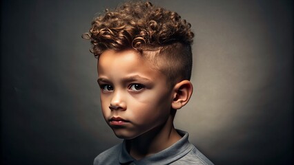 Studio portrait of a boy with a fade and curly top.