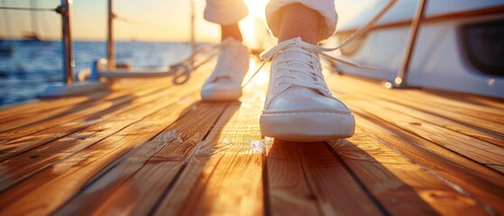 Wall Mural - Serene Yacht Experience: Close-up of Person Walking on Sunlit Deck