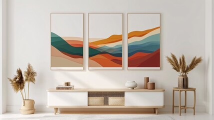Fototapete - A set of three minimalistic abstract posters featuring a continuous image across a pristine white background, creating a harmonious wall art display