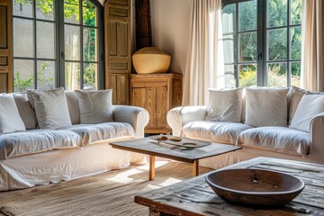 Wall Mural - Cozy Living Room with White Couches and Natural Light