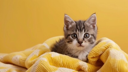 Sticker - Adorable kitten on cozy yellow blanket with space for text