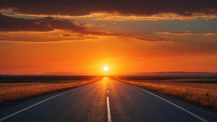 Poster - Sunset on the road in the field. Beautiful summer landscape.