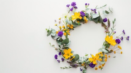 Canvas Print - Yellow and purple flower wreath with eucalyptus on white background