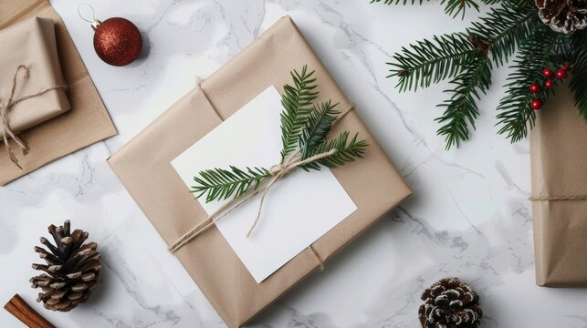 Christmas-themed image featuring a festive card adorned with a beautifully decorated tree, set against a backdrop of snowy fir branches, capturing the essence of the holiday season
