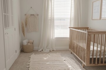 Wall Mural - Nursery Interior Design with Wooden Crib and White Curtains