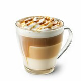 A rich and creamy hazelnut latte macchiato with hazelnut syrup swirls, served in a modern glass cup, isolated white background