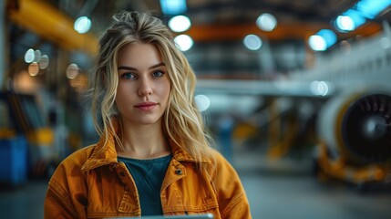 Wall Mural - Woman in Factory with Airplane in Background. Woman stands confidently in a factory with an airplane visible in the background, emphasizing aerospace industry.