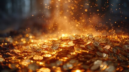 High-speed shot of gold coins showering down in a burst of metallic brilliance, suggesting a windfall or profitable windfall.