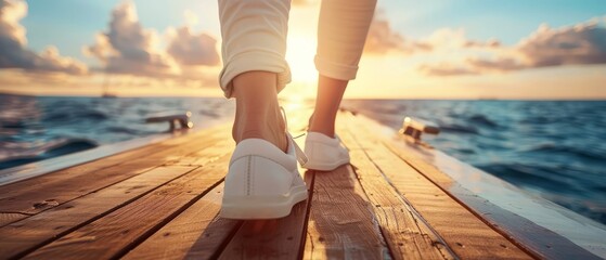 Wall Mural - Walking on a Pier at Sunset with Serene Ocean Views and Golden Skies