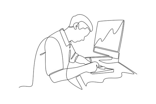 Continuous line drawing of businessman working at desk with computer and writing notes. Symbolizing productivity.