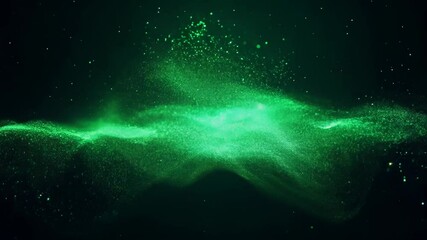 Luminous green particles swirl and dance, forming undulating waves against a dark backdrop. Shimmering specks create a mesmerizing cosmic display, evoking the ethereal beauty of a nebula or aurora.	