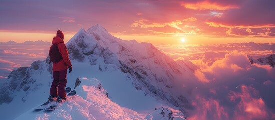 Rear view of snowboarder standing with snowboard on mountain peak with sunrise background