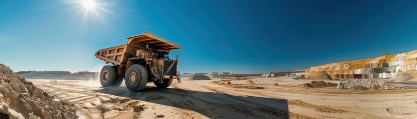 Large yellow mining truck driving on dirt road in quarry.