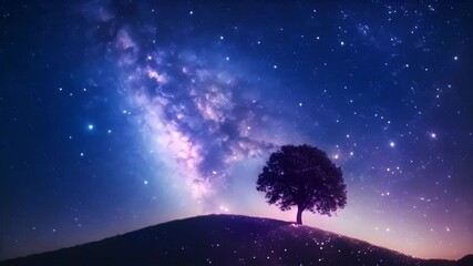 Wall Mural - tree silhouette against starry night sky with ai generated.