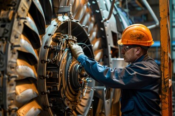 Mechanic Inspecting a Jet Engine in a Workshop