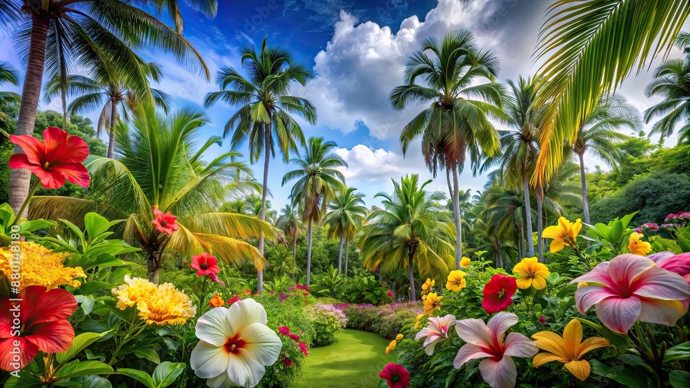 Exotic tropical garden with vibrant hibiscus and plumeria flowers ...