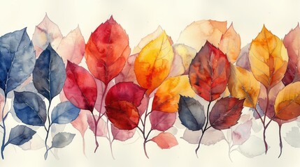 Wall Mural - A beautiful watercolor painting of autumn leaves in various shades of red, orange, yellow, and purple. 