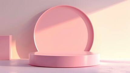 Wall Mural - A pink podium with a circle background. The podium is lit by a soft pink light. The background is a gradient of pink and white.