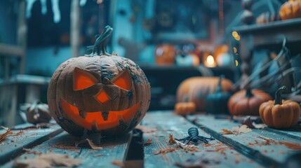 Sticker - Pumpkin head on wooden table with Halloween decorations in the background