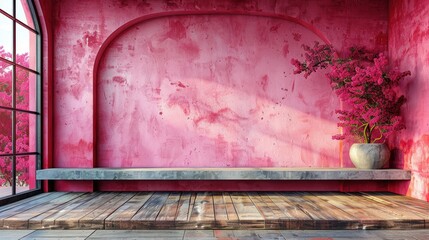 Wall Mural - A serene space with a large window, a pink wall, and a potted tree. The wooden floor and concrete bench add a touch of warmth to the space.