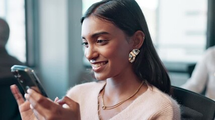 Poster - Office, happy and business woman with phone for communication, contact and funny meme. Professional, corporate and worker laughing on smartphone for internet, browse website and social media on break