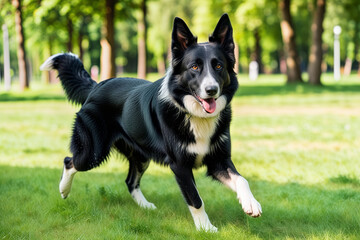 Wall Mural - A black and white border collie ran towards him on the green grass