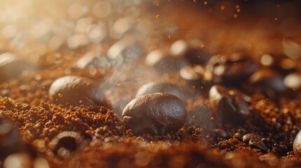 Poster - Coffee beans in close up among roasted coffee mix with space for text Freshness of Coffee