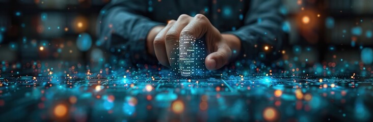 Digital Sphere Held by a Hand in a Futuristic Setting