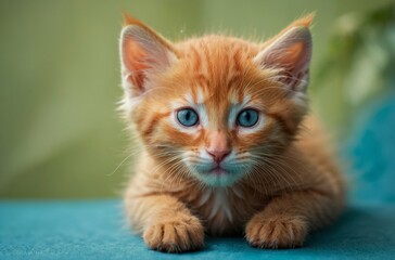 Poster - Close-up portrait of ginger kitten with bright blue eyes lying on turquoise surface