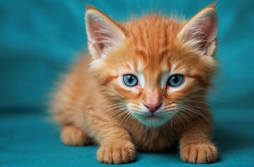 Poster - Orange ginger kitten with blue eyes lying on turquoise background