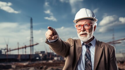 Senior male engineer pointing at construction site clean background 