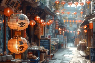 Wall Mural - A bustling Chinatown alleyway alive with the aromas of exotic spices and sizzling street food, where lanterns sway in the breeze and vibrant banners flutter overhead. 