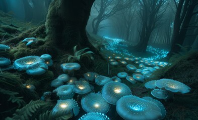 Wall Mural - A mystical glen illuminated by the soft glow of bioluminescent mushrooms, where ancient trees stand sentinel amidst a carpet of emerald moss and ferns. 