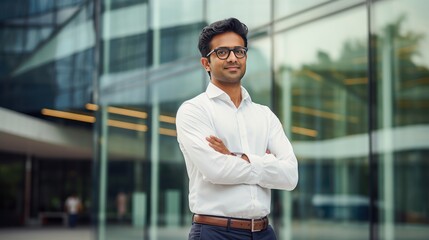 Poster - Young Indian professional with office building in the city 