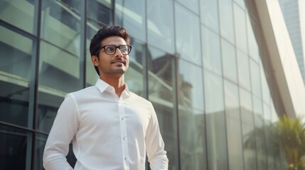 Poster - Young Indian professional with office building in the city 