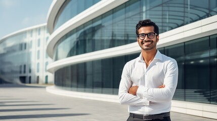 Poster - Young Indian professional with office building in the city 