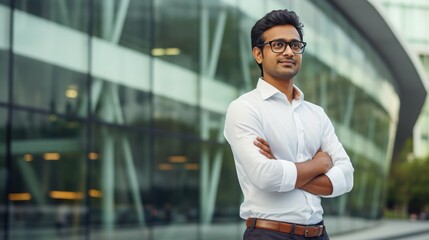 Poster - Young Indian professional with office building in the city 