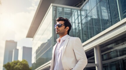 Poster - Young Indian professional with office building in the city 