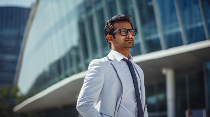 Poster - Young Indian professional with office building in the city 