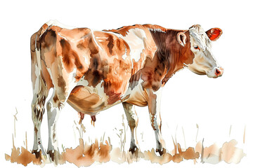 Watercolor painting of a brown and white cow standing in a field. Farm animals.