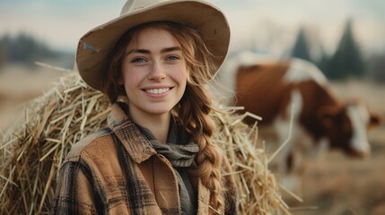 Canvas Print - portrait of happy woman farmer carrying hay bale, cows in the background