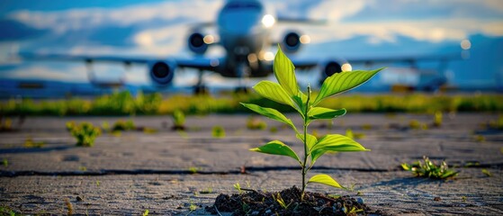 Green plant growing on the airport with a business private jet behind, emphasizing the environmental impact of aviation. Sustainable Aviation Fuel (SAF) and decarbonization concept