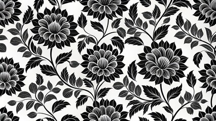 Canvas Print - Seamless pattern featuring elegant black flowers on a white background, floral, seamless, pattern, black, flowers