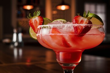 Strawberry margarita cocktail on the bar