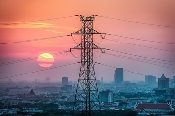 Transmission line tower and sunset