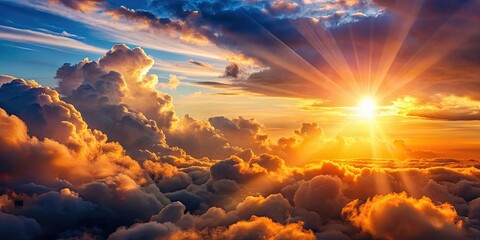 Poster - Sunset casting a warm glow through fluffy clouds, sunset, clouds, sky, colors, warm, glow, evening, dusk, nature, beauty